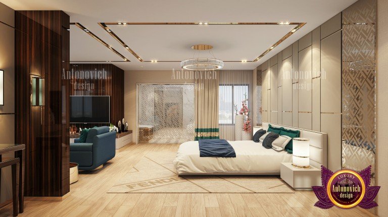 Elegant modern bedroom with statement lighting