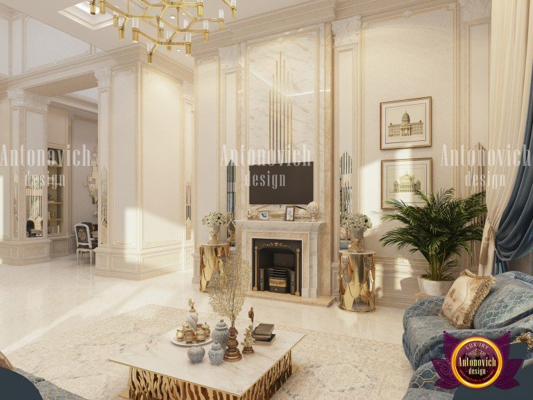 Royal living room with gold accents and lavish drapery