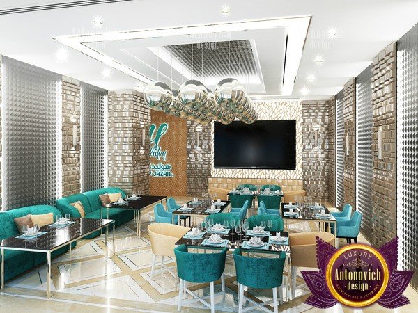 Luxurious restaurant interior with lush greenery and opulent decor