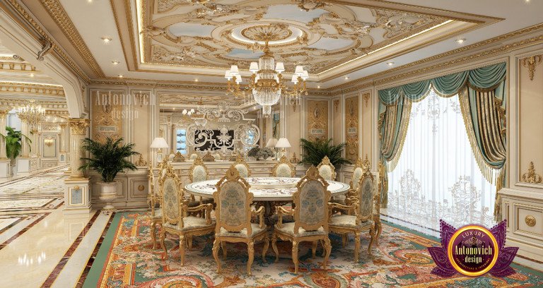 Luxurious dining room with opulent chandelier