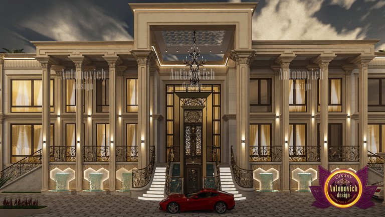 Elegant mansion facade featuring intricate architectural details