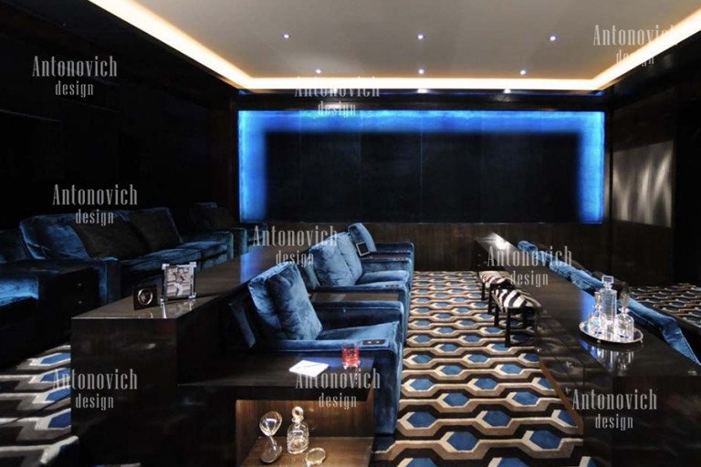 Luxurious home cinema with plush seating and ambient lighting