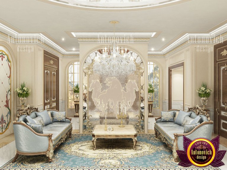 Elegant living room with lavish furniture and chandelier