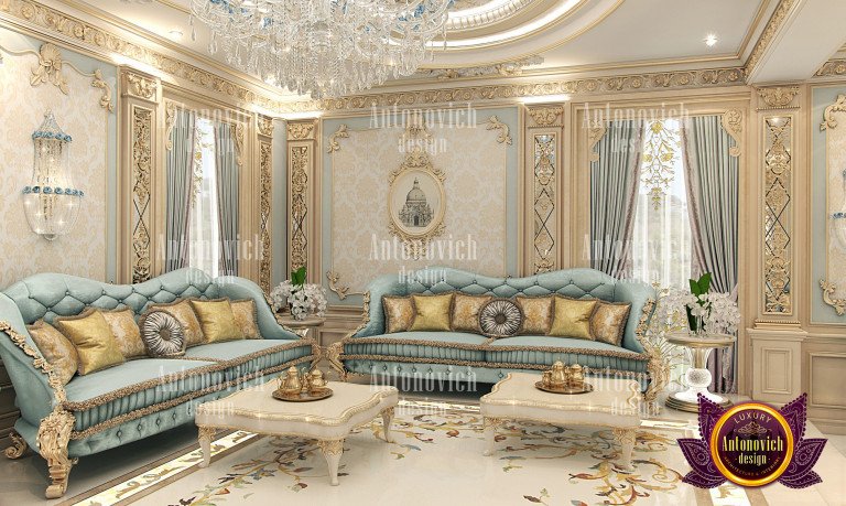 Elegant living room with gold accents and plush furniture