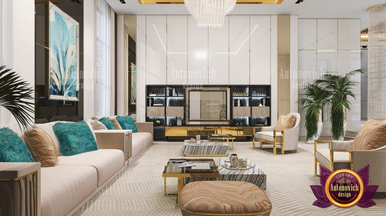 Chic living room with gold accents and statement artwork
