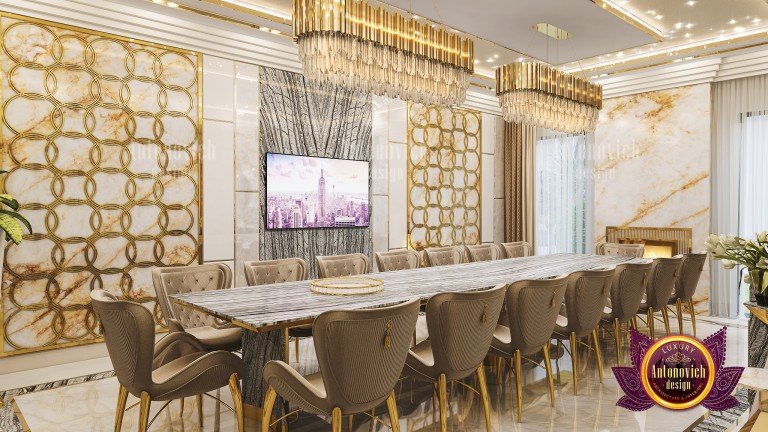 Opulent dining room with crystal chandelier and plush seating