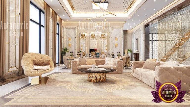 Luxurious living room with statement lighting and sophisticated decor