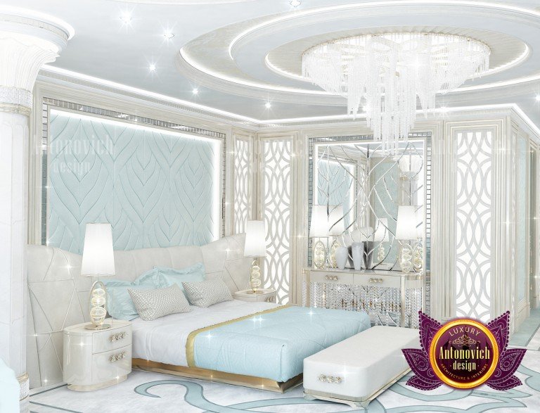Luxurious greenish-blue bedroom with elegant decor