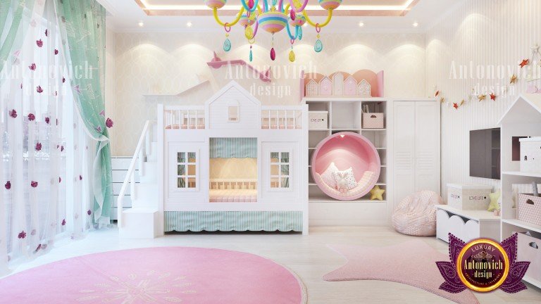 Charming pastel-colored bedroom with whimsical wall art