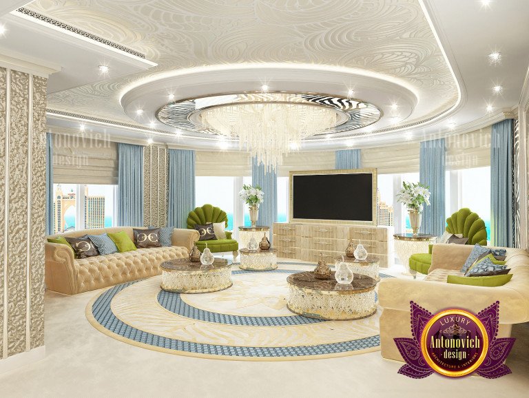 Elegant living room with plush velvet sofas and gold accents