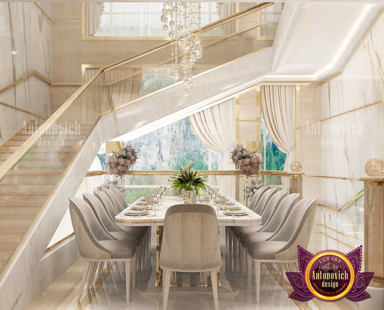 Stunning chandelier illuminating a luxurious dining table