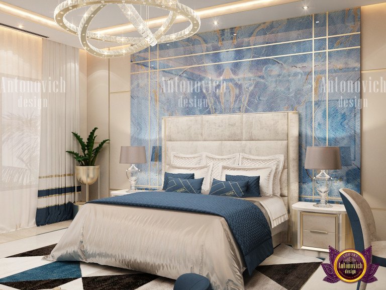 Opulent contemporary bedroom with plush bedding and stylish accents