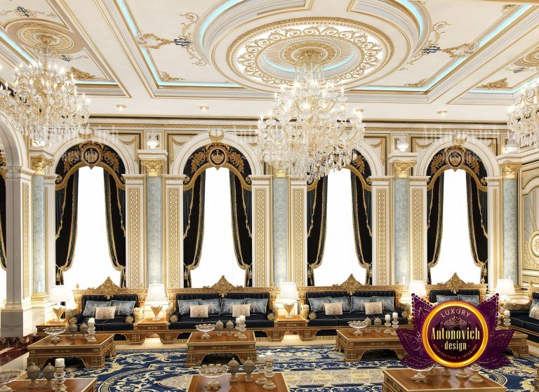 Elegant Majlis interior with lavish chandeliers