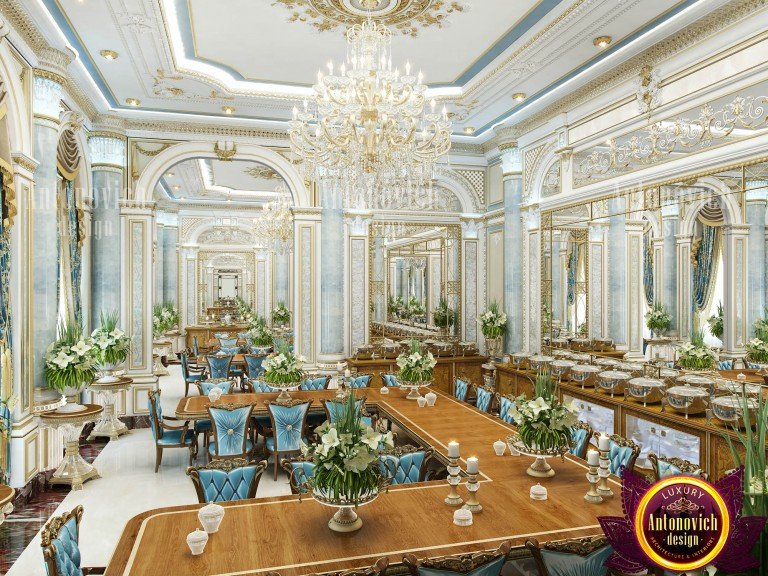 Regal dining room featuring plush velvet chairs