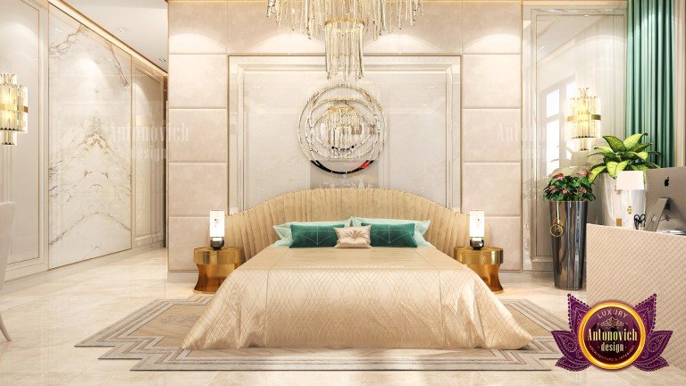 Sophisticated bedroom design featuring a statement chandelier