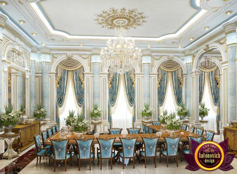 Opulent royal dining room with gold accents and chandelier