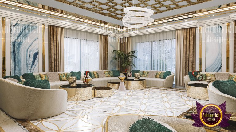Sophisticated emerald living room with plush seating and gold decor