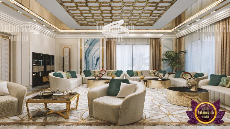Emerald velvet sofa with gold accents in a luxurious living room