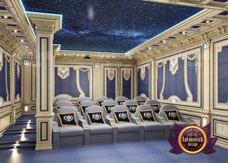 Luxurious home theater with comfortable seating and ambient lighting