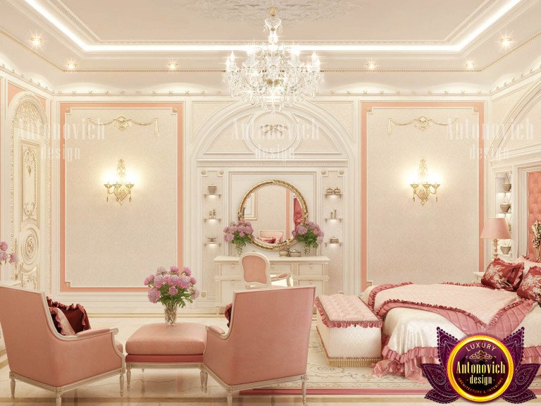 Soft pink bedroom with luxurious bedding and stylish decor