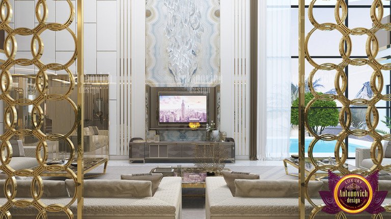 Elegant huge luxury lounge room with stylish furniture