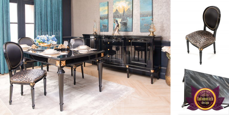 Luxurious dark wood dining table with velvet chairs
