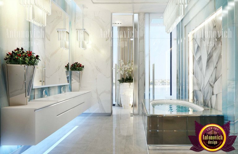 Modern freestanding bathtub in a chic designer bathroom