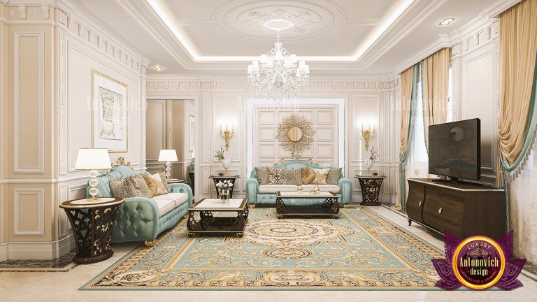 Elegant living room featuring a luxurious chandelier