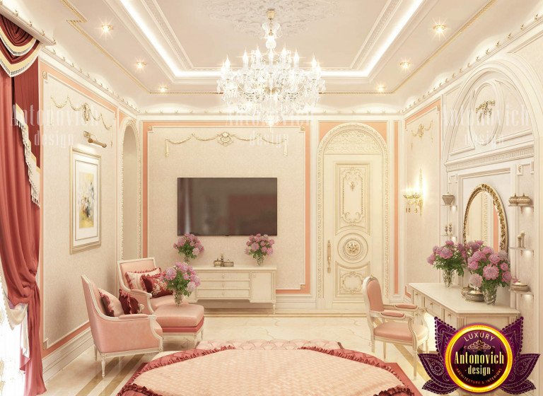 Delicate pink bedroom featuring a cozy reading nook