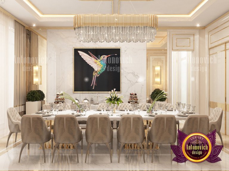 Sophisticated chandelier illuminating a lavish dining space