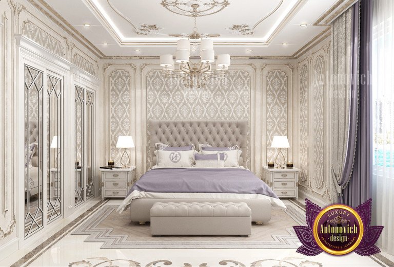 Elegant bedroom with cozy lighting and plush bedding