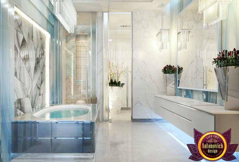 Stylish designer bathroom featuring a stunning chandelier