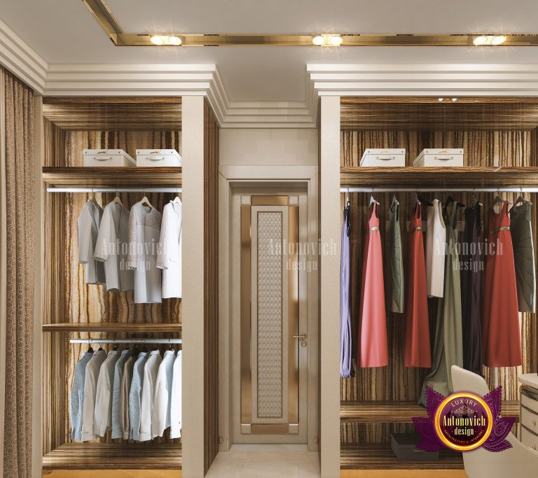 Sophisticated closet design featuring glass display cases and custom lighting