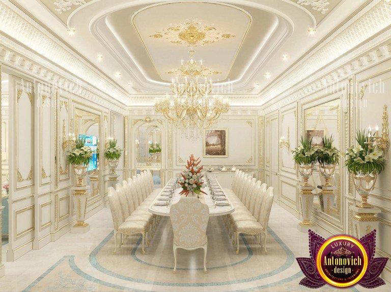 Elegant dining area with a grand mirror and opulent table setting