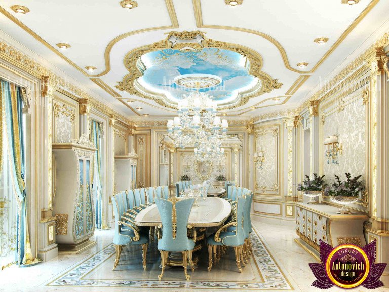 Elegant dining room with a crystal chandelier and plush seating