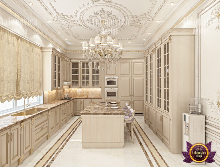 Spacious Neoclassical kitchen with custom cabinetry