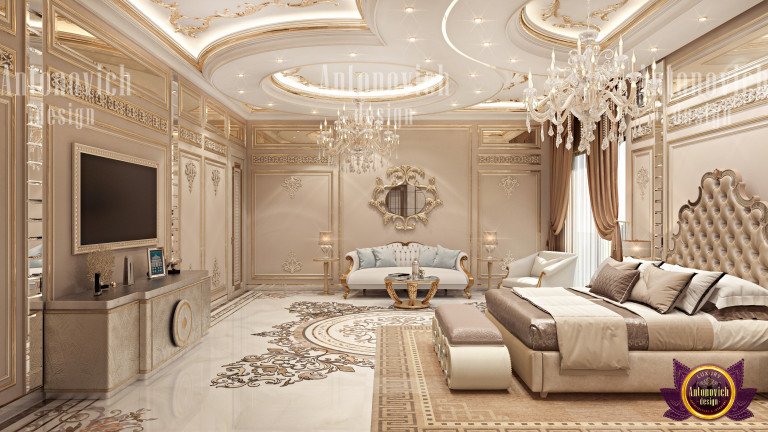 Exquisite bedroom with intricate wall molding and plush furnishings