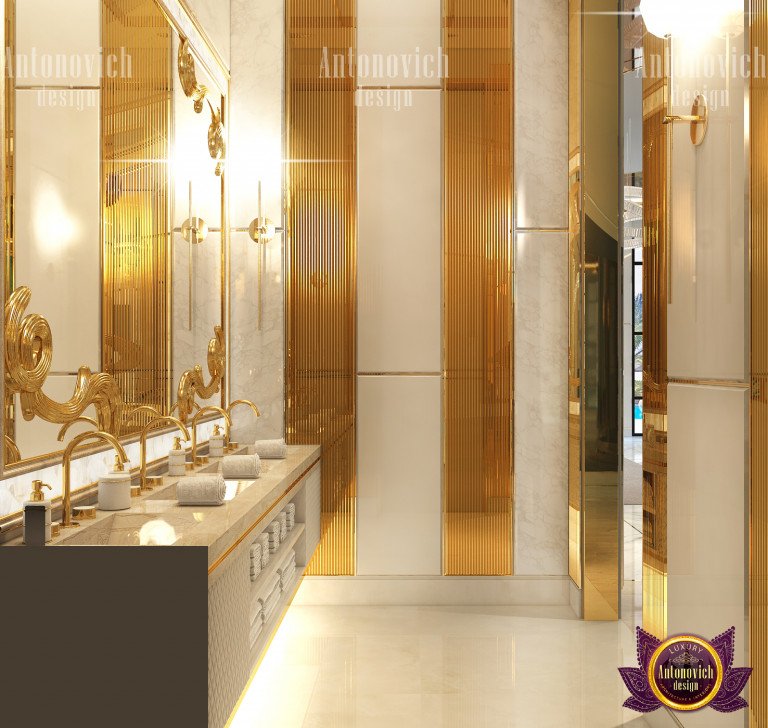 Elegant golden bathroom with marble flooring
