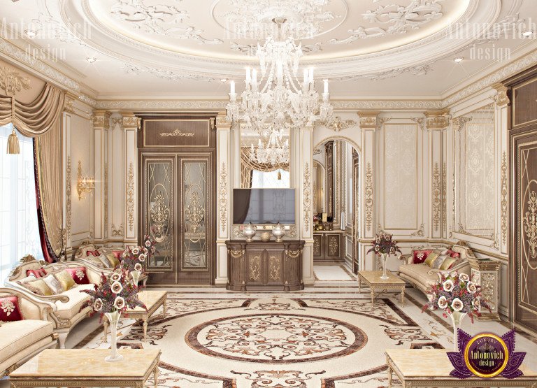 Elegant chandelier illuminating a luxurious Majlis interior