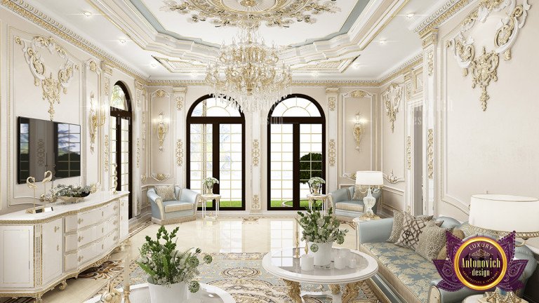 Luxurious classic living room with ornate chandelier