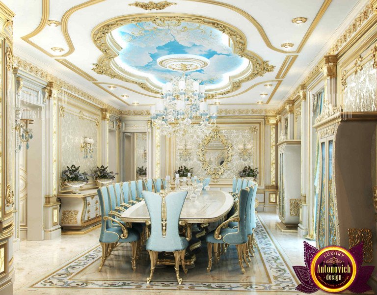 Opulent dining room with gold accents and a lavish centerpiece