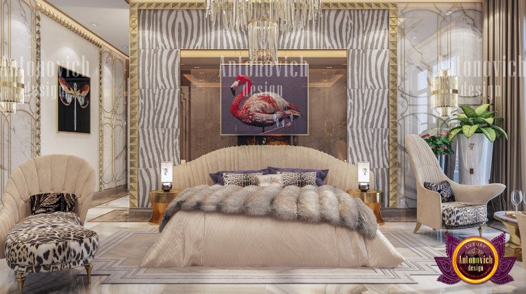 Exquisite bedroom interior with plush furnishings by Luxury Antonovich Design