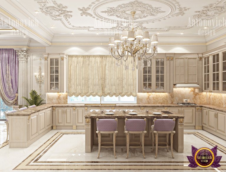 Neoclassical kitchen featuring a statement chandelier