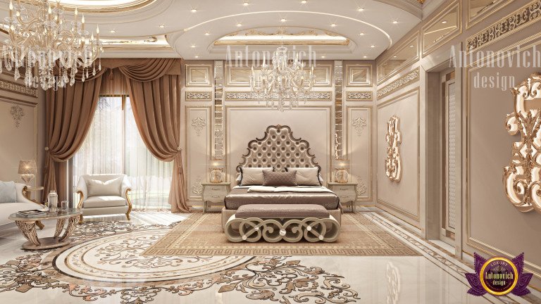 Opulent chandelier illuminating a lavish bedroom interior