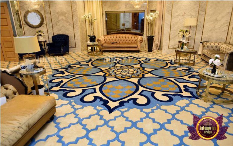 Luxurious geometric-patterned carpet in a modern living room