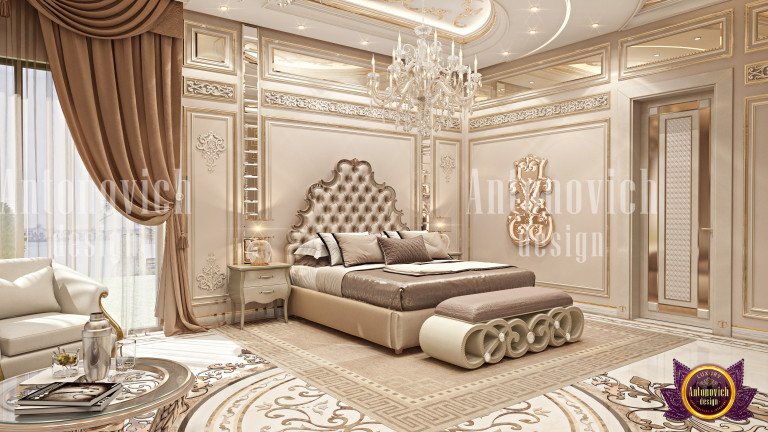 Luxurious bedroom with gold accents and sophisticated design elements