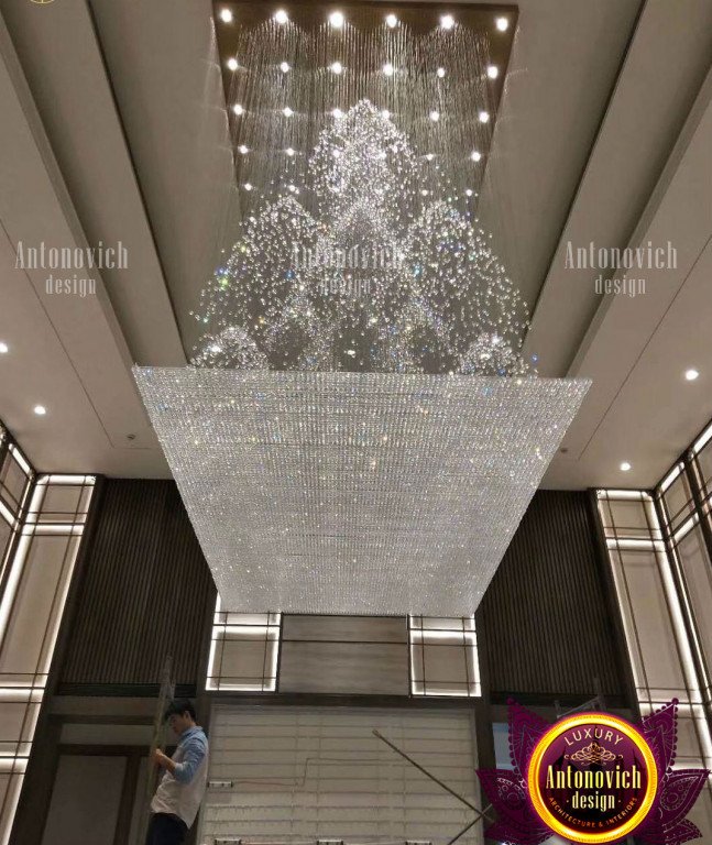 Modern LED chandelier casting a warm glow in a living space