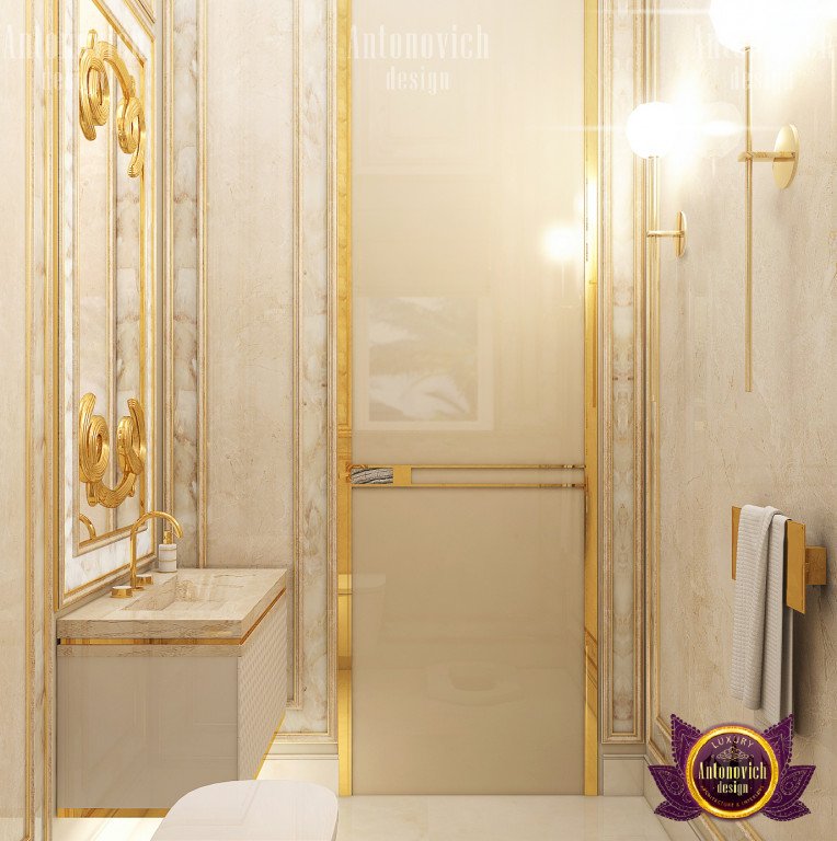 Exquisite gold-framed mirror in a lavish bathroom
