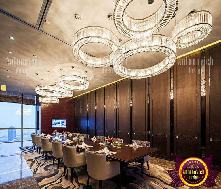 Elegant chandelier illuminating a fine dining restaurant