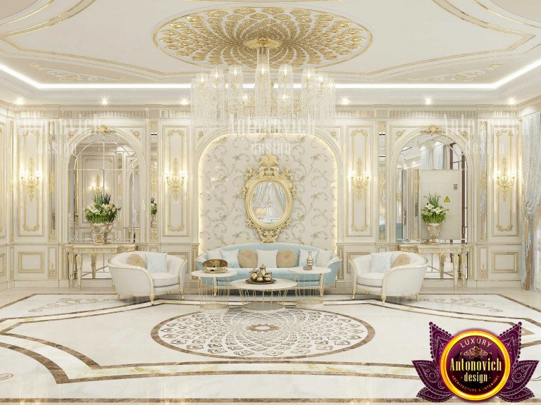 Elegant lounge room featuring a statement chandelier